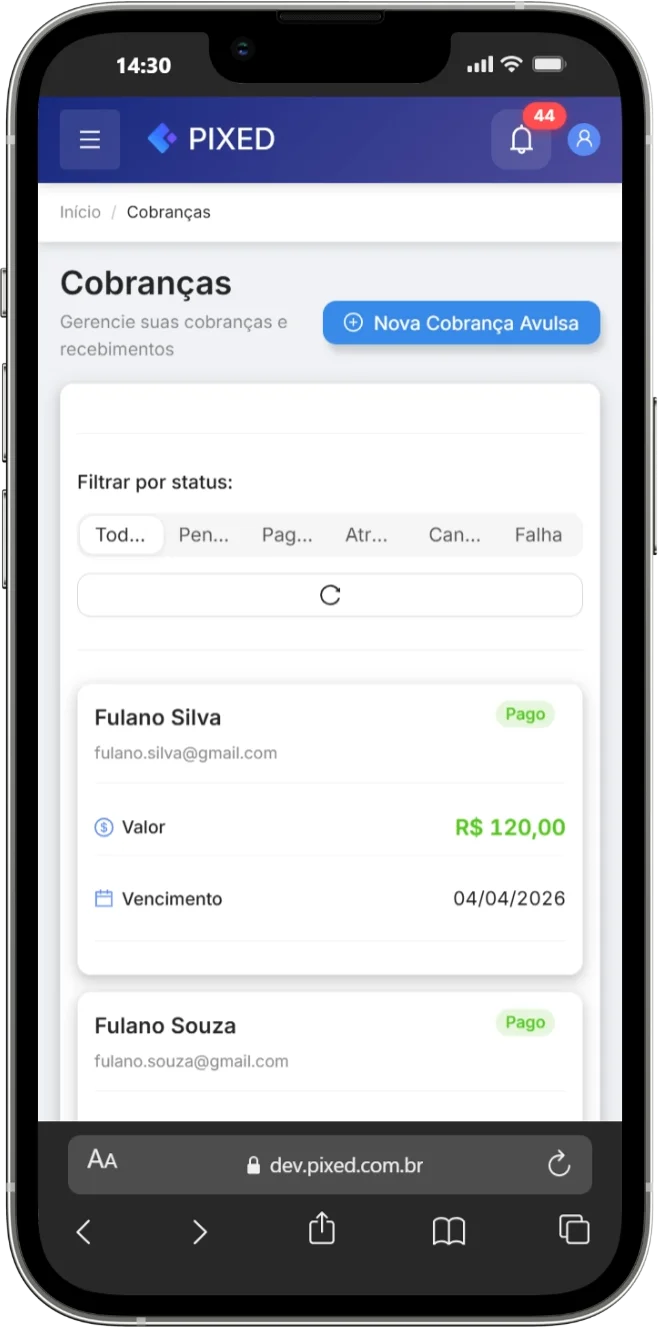 Tela de cobranças - visualize e gerencie todas as suas cobranças